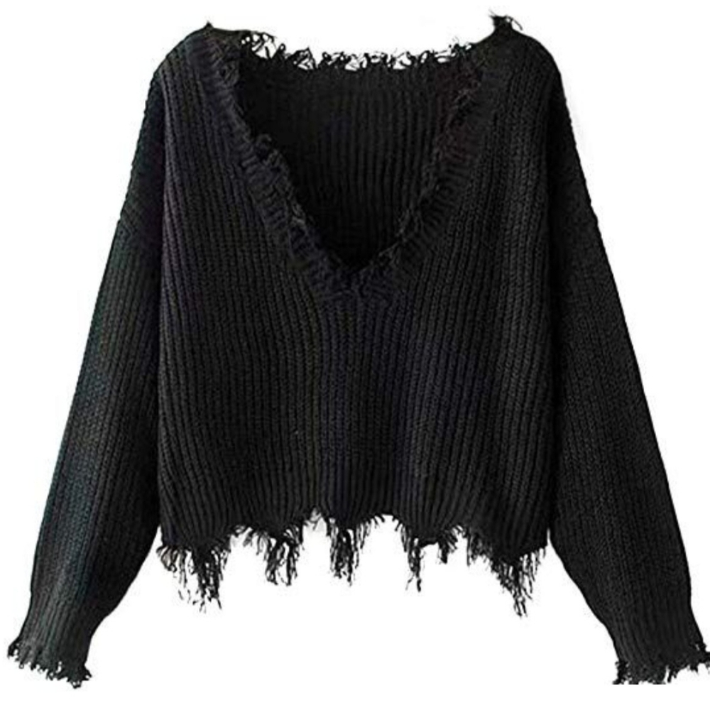 Women's V Neck Loose Knitted Sweater Long Sleeve Ripped Jumper Pullover Small